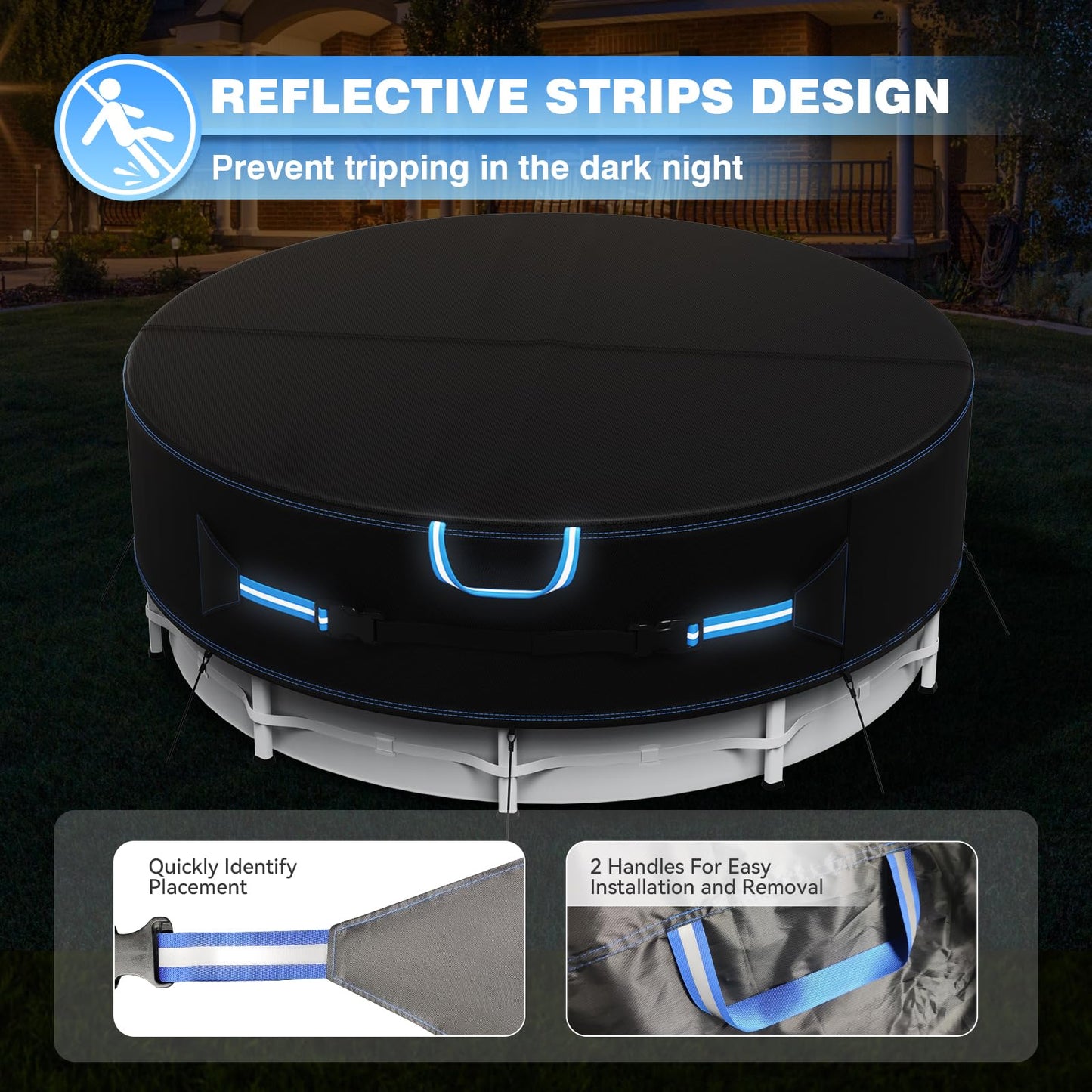Holiwei 24 Ft Round Pool Cover with Reflective Strips, 420D Swimming Pool Cover for Above Ground Pools, Solar Cover with Drawstring and Ground Nails for Dustproof, UV Protected
