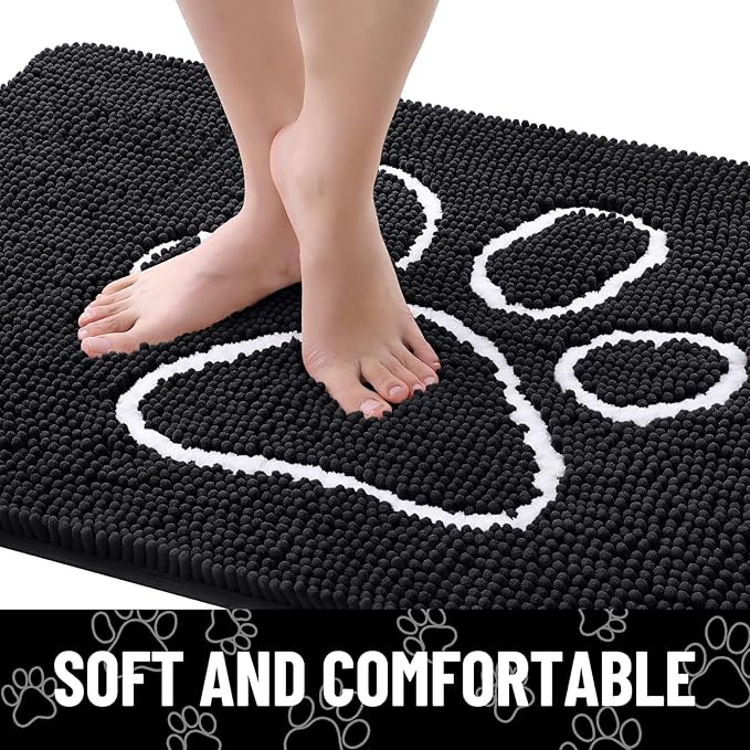 Smiry Dog Door Mat for Muddy Paws, Absorbent Dirt Trapper Non Slip Quick Dry Washable Chenille Mat for Mud Dogs, Entry Rug for Indoor and Outdoor (54x32 Inches, Black and White)