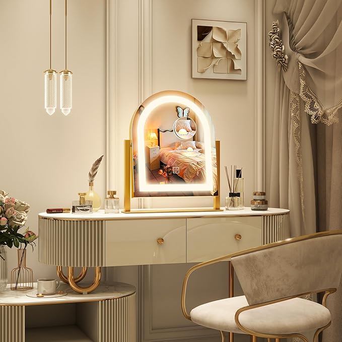 ROLOVE Lighted Makeup Mirror with 3-Color Dimmable Lighting, with Removable 10x Magnifier, Smart Touch Control, 360° Rotation, 15" x 13" Hollywood Vanity Mirror for Tabletop Desk (Gold)