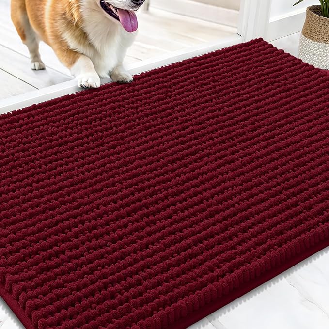 OLANLY Dog Door Mat for Muddy Paws 30x20, Ultra Absorbent Chenille Mud Doormat, Non-Slip Washable and Dirt Trapping Doormat for Indoor Entryway, Quick-Dry Indoor Pet Bed Mats for Dogs, Burgundy