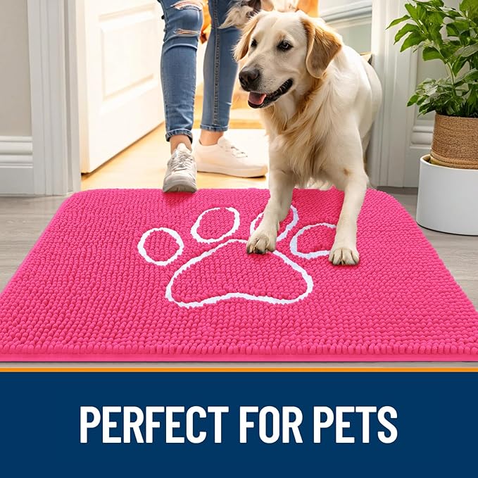 OLANLY Dog Door Mat for Muddy Paws 36x24, Paw Print Design, Absorbs Moisture and Dirt, Absorbent Non-Slip Washable Doormat, Quick Dry Chenille Mud Mat for Dogs, Entry Indoor Entryway Carpet, Hot Pink