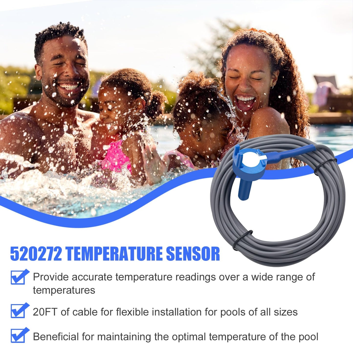 2 Pack 520272 Pool 7790 Temperature Sensor Thermistor Air/Water/Solar 20' Feet Cable for Jandy - Replacement Pool/Spa (10K-ohm Sensor - Includes 2 Pcs 2" Pipe Clamp)