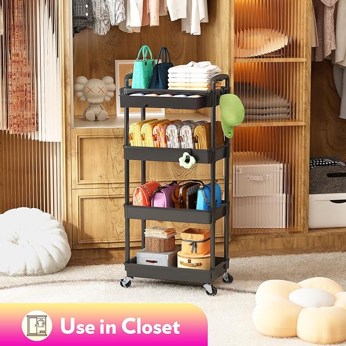 Makeup Cart Organizer with Drawers, 4 Tier Floor Skincare Organizers for Vanity, Rolling Makeup Bathroom Storage Cart Cosmetics Display Cases for Skin Care Perfume Nail Polish, Black