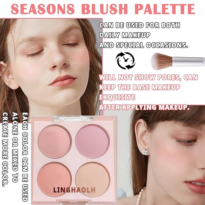 4 Colors Blush Palette for Cheeks - Face Matte Contour Makeup Palette, Buildable Shimmer Facial Cheek Blusher Shades, Blendable Cosmetic With Brush 03