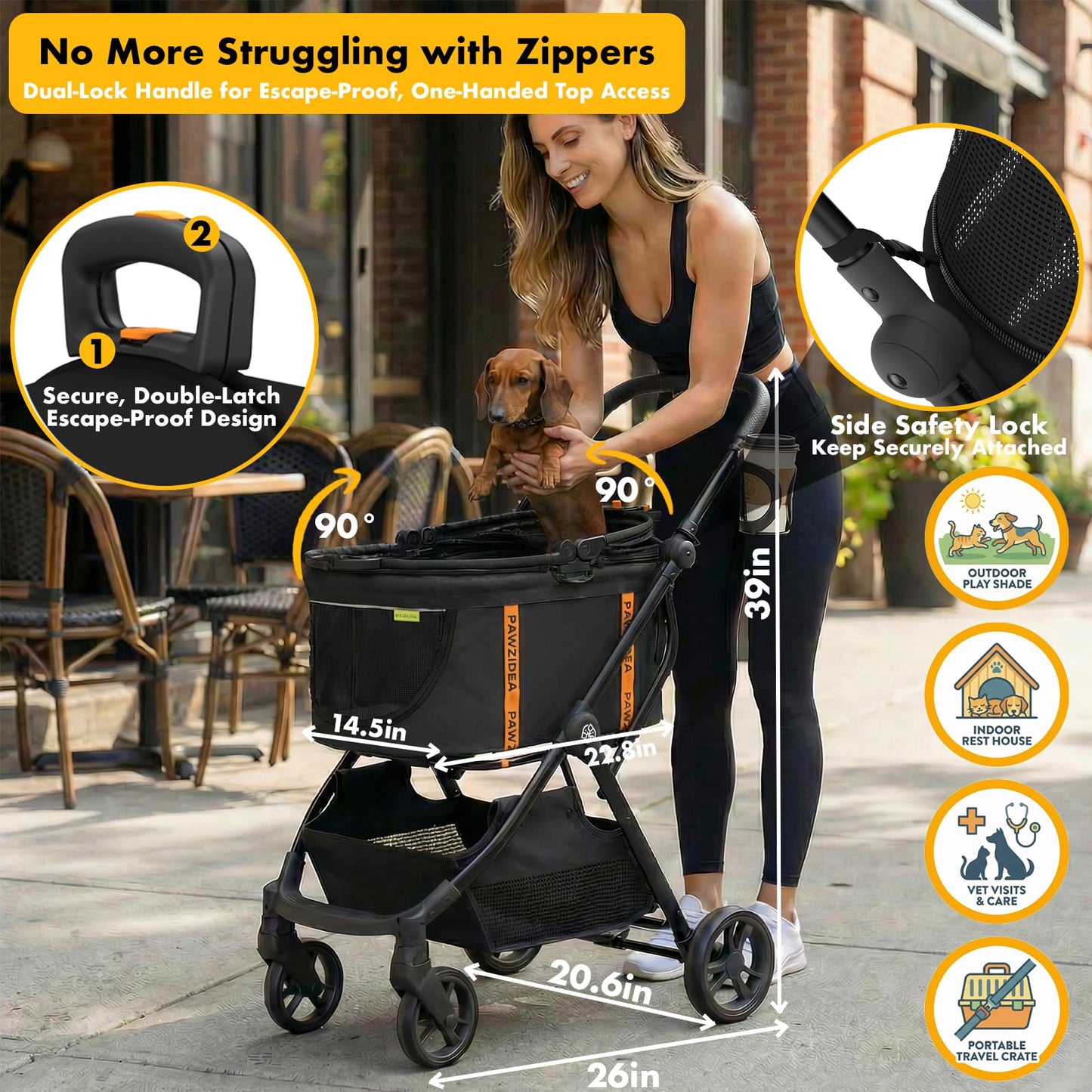 PAWZIDEA 4-in-1 Pet Stroller for Small Medium Dogs & Cats, Foldable Dog Stroller with Detachable Carrier, Escape-Proof No-Zip Canopy, Lightweight Portable Travel Crate & Car Seat Combo, Storage Basket