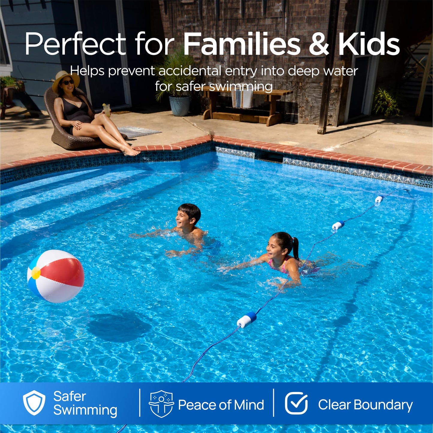 FibroPool 50 ft Pool Safety Rope with 16 Floats – Adjustable Buoy Lane Divider, UV Braided, Chrome Hooks – Shallow & Deep End Line for Inground & Above Ground Swimming Pools