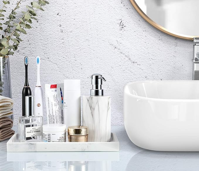 Luxspire Bathroom Vanity Tray, Resin Dresser Jewelry Ring Dish Tank Storage Kitchen Sink Countertop Organizer Plate Holder for Perfume Candles Soap Towel Plant Bathroom Accessories, M, Gravel White