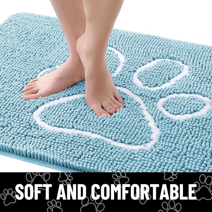 Smiry Dog Door Mat for Muddy Paws, Absorbent Dirt Trapper Non Slip Quick Dry Washable Chenille Mat for Mud Dogs, Entry Rug for Indoor and Outdoor (36x24 Inches, Sky Blue and White)