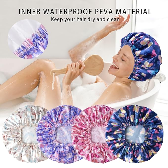 Shower Cap for Women,4 PCS Elastic and Reusable Bath Caps, Double Layers Shower Caps Reusable Waterproof, Bathing Shower Caps, Environmental Bath Hair Protection Cap - Butterfly E