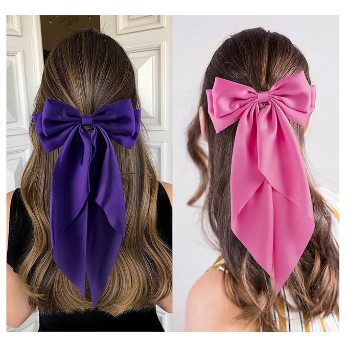 6Pcs Large Bows Hair Clips for Women Girls Long Tail Hair Ribbon Silky Satin Barrettes Coquette Hair Bows Accessories (Pink/Deepblue/Purple/Orange/Hot Pink)