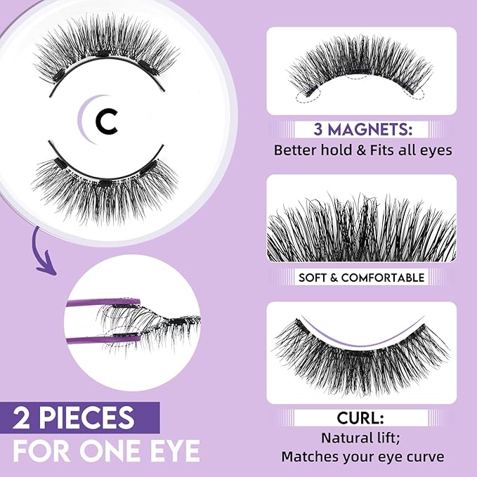 B&Q Magnetic Eyelashes Natural Look 2 Pair Magnetic Lashes with Applicator Upgrade Soft Magnetic Manga Lashes Clusters Kit Magnetics False Eyelashes 3 Magnet Strips for Strong Hold Easy to Apply(C+D)