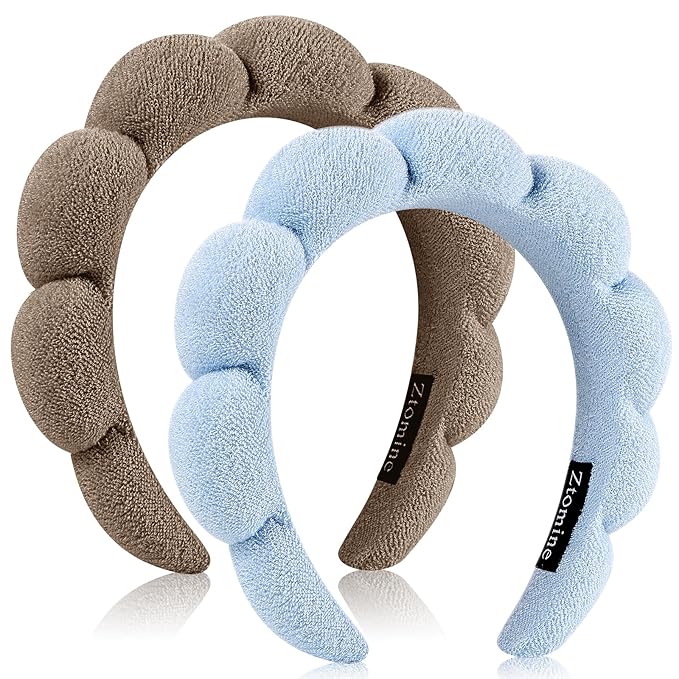 Headbands, Set of 2 - Terry Cloth Spa Headbands for Face Washing, Makeup Removal, or Facial Mask Usage, Dark Khaki + Blue