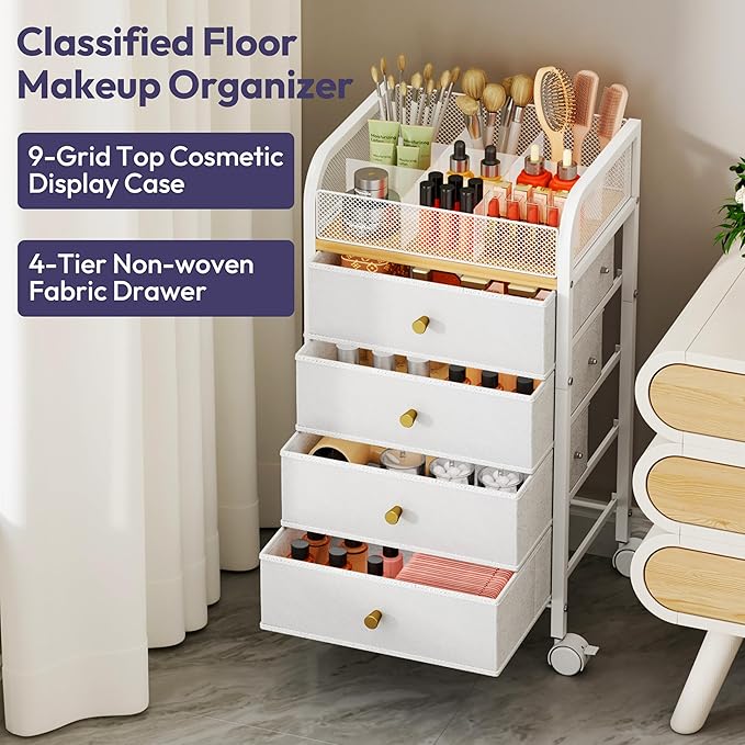 SWTYMIKI Rolling Makeup Organizer Cart - 14.96Ã¢ÂÂ³*11.81Ã¢ÂÂ³*27.55Ã¢ÂÂ³ Widened Under Desk Vanity Storage with 4 Non-woven Drawers, Cosmetic Display Cases for Skin Care Perfume Nail Polish Brush Hair Tool White