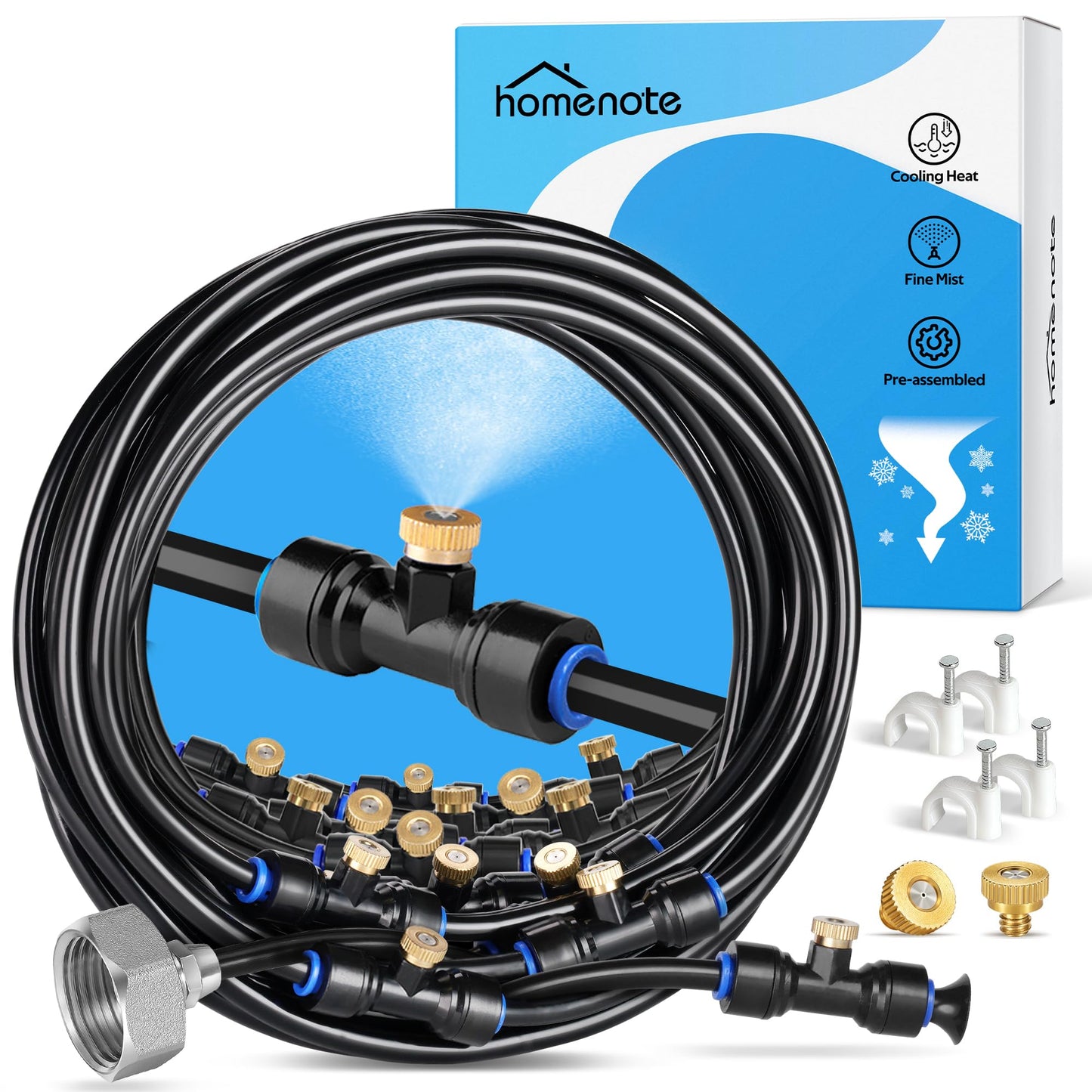 HOMENOTE Misting Cooling System, 98FT(30M) Pre-Assembled Kit with 27 Brass Nozzles & 3/4" Brass Adapter, Cooling Mister for Patio, Backyard, Pets, Garden & Greenhouse