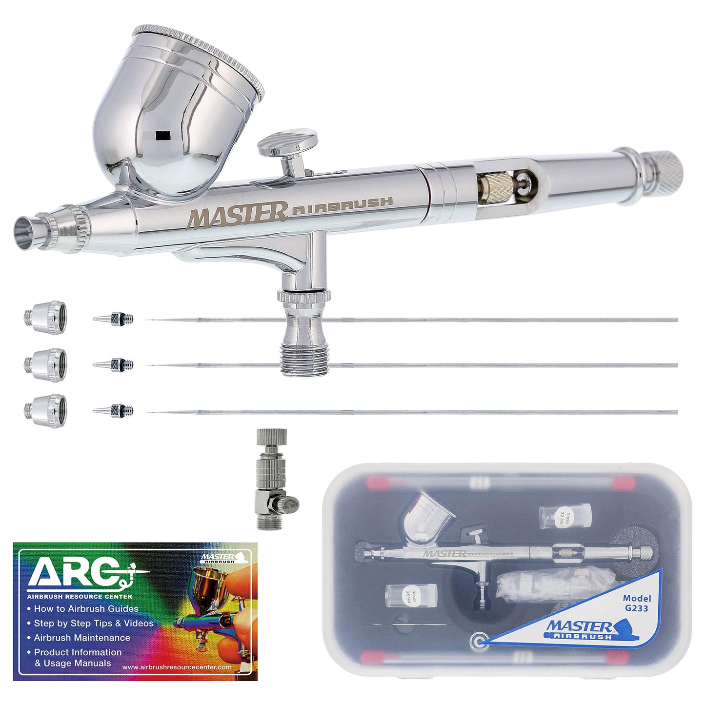 Master Airbrush G233 Performance Pro Airbrush Kit with 3 Nozzle Sets (0.2, 0.3 & 0.5mm Needles, Fluid Tips & Air Caps), Gravity Dual Action - Air Brush Guns for Painting, Aerografo Body Art & Cake
