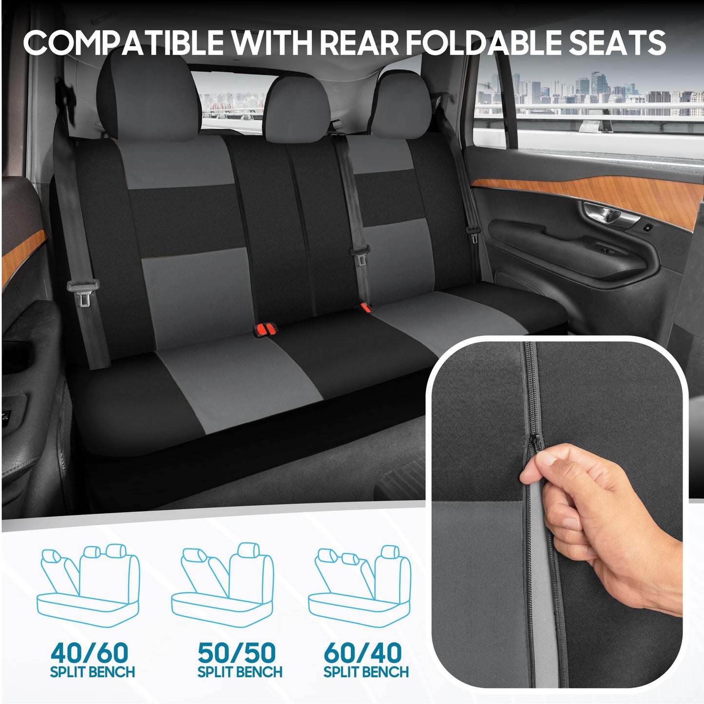 BDK PolyPro Car Seat Covers Full Set in Gray on Black, Front and Rear Split Bench Seat Covers for Cars, Easy to Install Car Seats Cover Set and Accessories for Auto Trucks Van SUV - Gray
