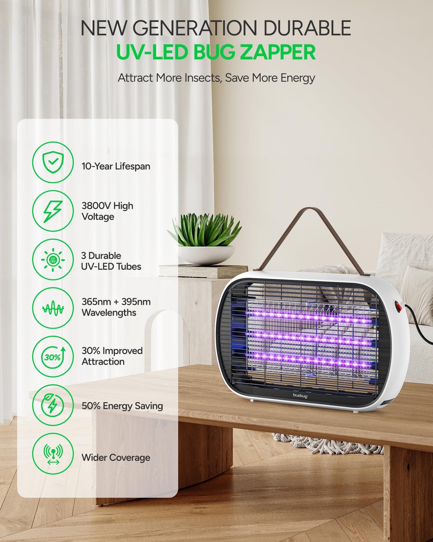 Buzbug Upgraded LED Bug Zapper Indoor, LED Bulbs Up to 50,000 Hours, 3 Lamps Sustainable Less Power, 3800V Powerful Electric Mosquito Zapper, Fly Trap Mosquito Trap, Fly Killer Fly Zapper