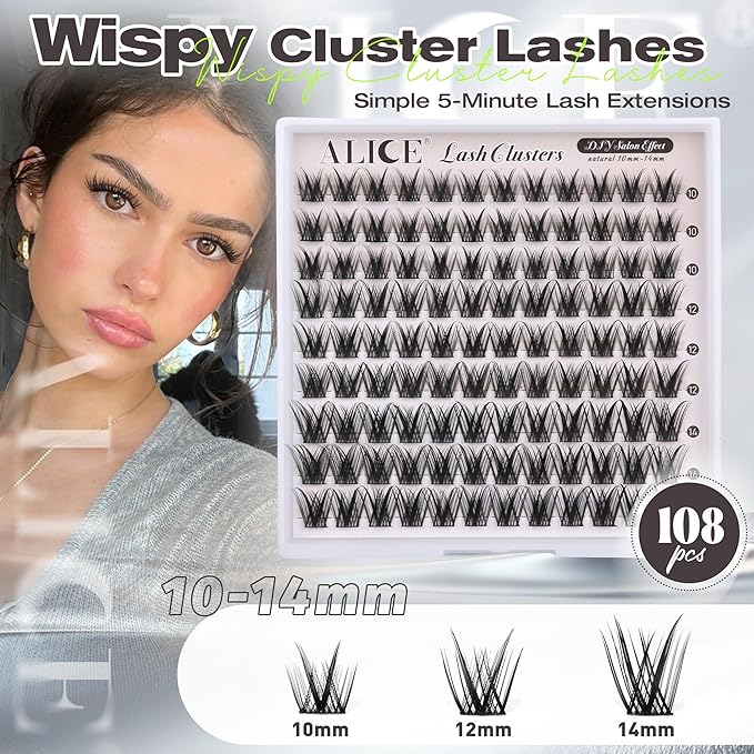 ALICE Lash Clusters Wispy Natural Eyelash Extensions Short 10-14mm Eyelash Clusters Volume Lash Extensions Thin Band DIY Individual Lashes