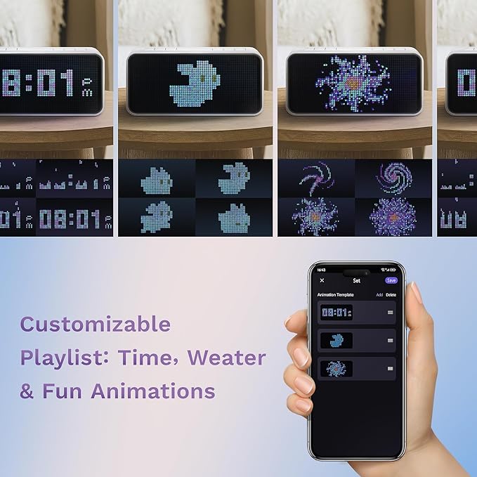 Dekala PixelRise Smart Alarm Clock for Bedroom,Pixel Art LED Dot Matrix Display, Weather Temperature Animation, Loud Dual Alarm for Heavy Sleeper, Sleep White Noise, WiFi Weather & Time Sync, App