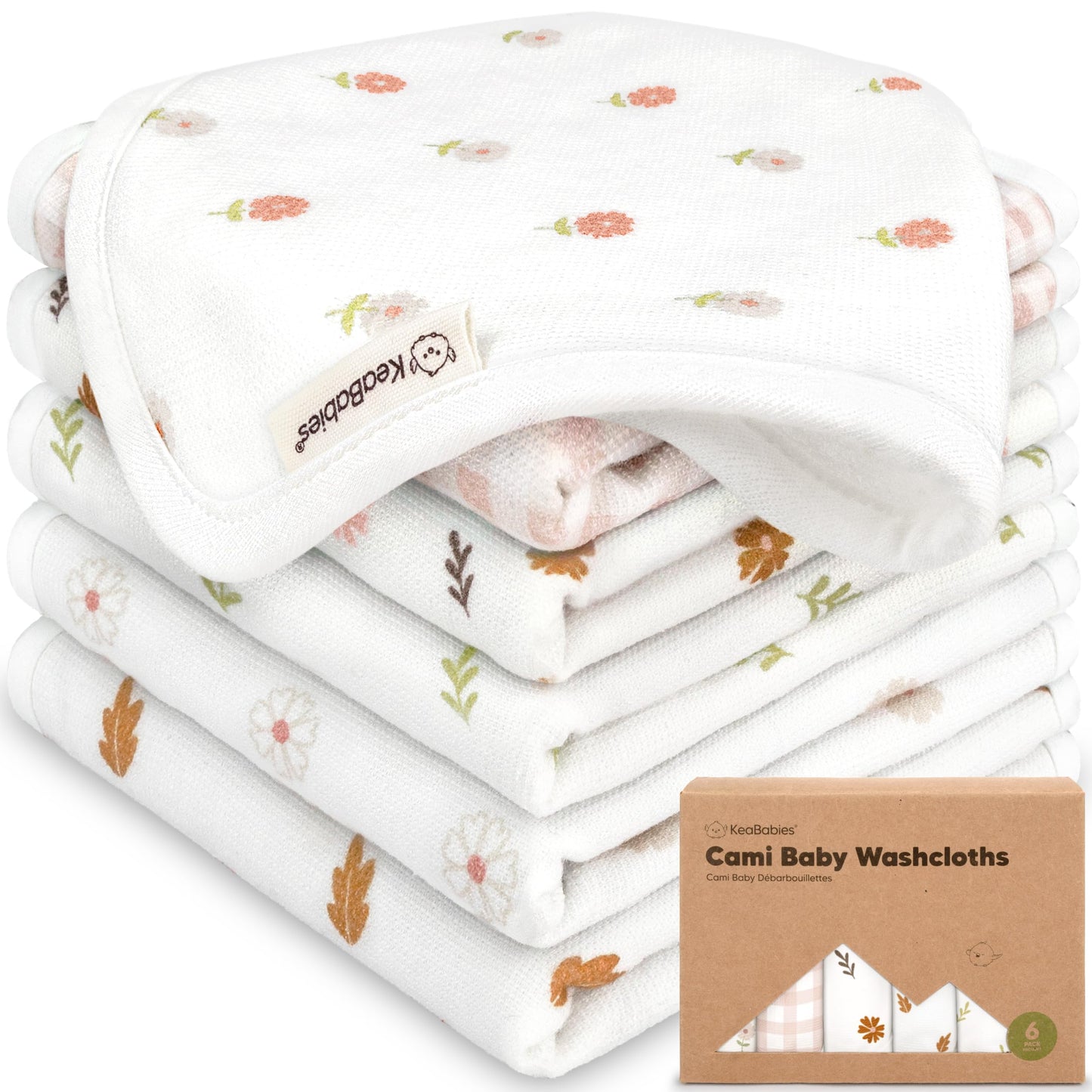 6-Pack Cotton Baby Washcloths for Newborn - Organic Cotton Muslin Soft Wash Cloths for Babies, Infant, Kids, Toddler Towels for Boy, Girl, Super Absorbent Face Cloths, Scratch-Free Baby Rags (Petals)