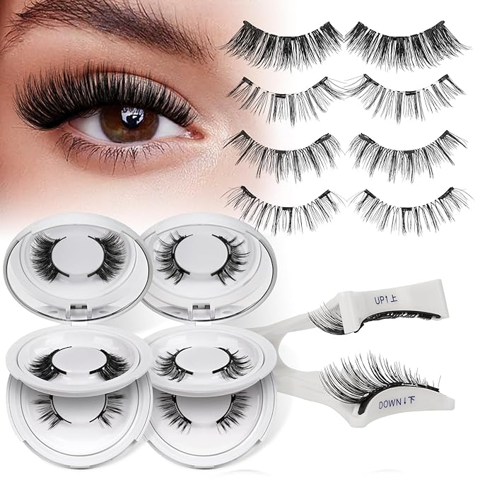 QUEWEL Magnetic Eyelashes 4 Pair Reusable Magnetic Eyelashes with Applicator No Glue Needed Eyelashes Natural Look Lash Clusters Kit Easy to Wear and Remove(4 Pairs-B08)