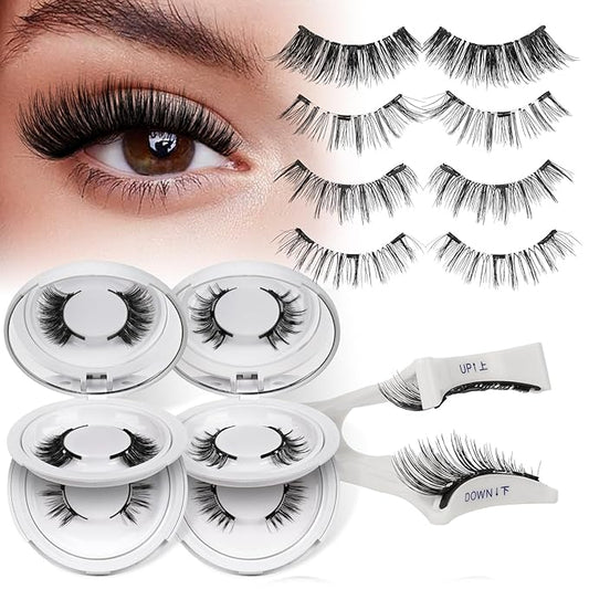 QUEWEL Magnetic Eyelashes 4 Pair Reusable Magnetic Eyelashes with Applicator No Glue Needed Eyelashes Natural Look Lash Clusters Kit Easy to Wear and Remove(4 Pairs-B08)