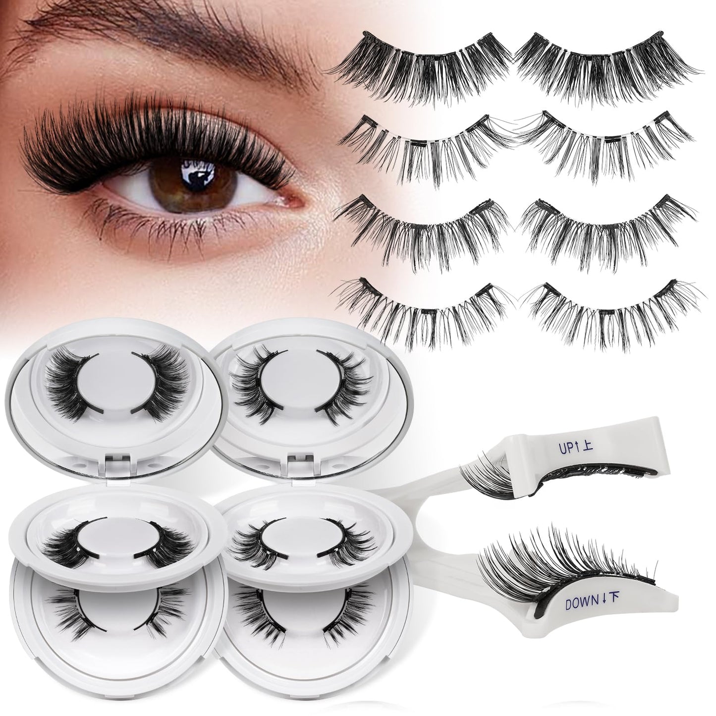 QUEWEL Magnetic Eyelashes 4 Pair Reusable Magnetic Eyelashes with Applicator No Glue Needed Eyelashes Natural Look Lash Clusters Kit Easy to Wear and Remove(4 Pairs-B07)