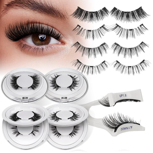 QUEWEL Magnetic Eyelashes 4 Pair Reusable Magnetic Eyelashes with Applicator No Glue Needed Eyelashes Natural Look Lash Clusters Kit Easy to Wear and Remove(4 Pairs-B07)