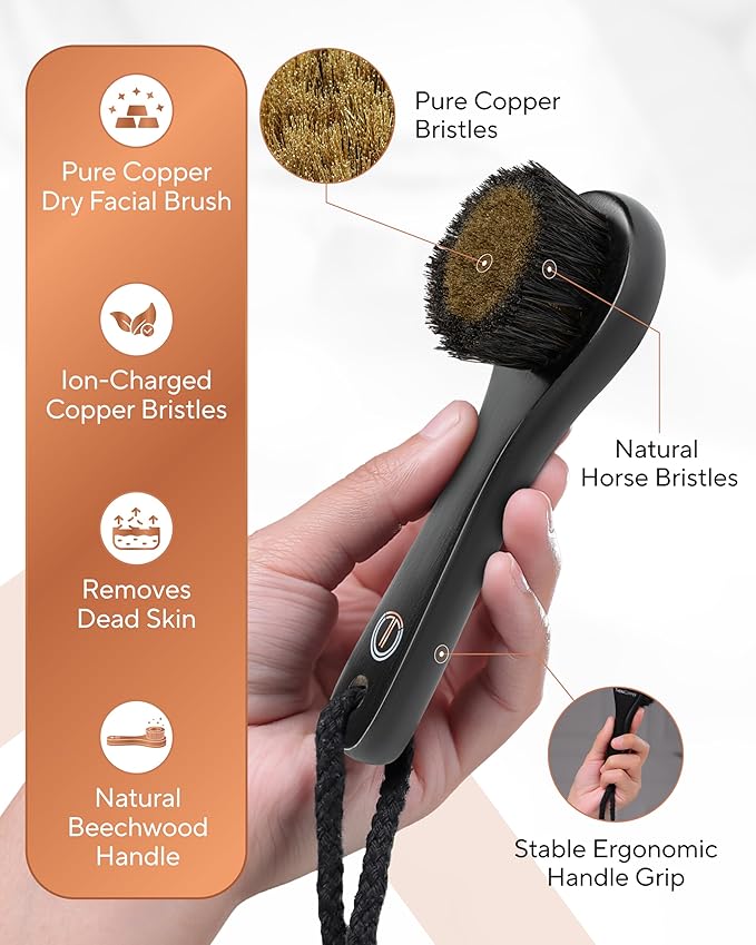 TheraCopper Copper Dry Facial Brush Ã¢ÂÂ Lymphatic Drainage Facial Dry Brush for Face with Natural Copper Bristles for Improved Circulation & Exfoliation Ã¢ÂÂ Daily Face Care for Refreshed & Glowing Skin