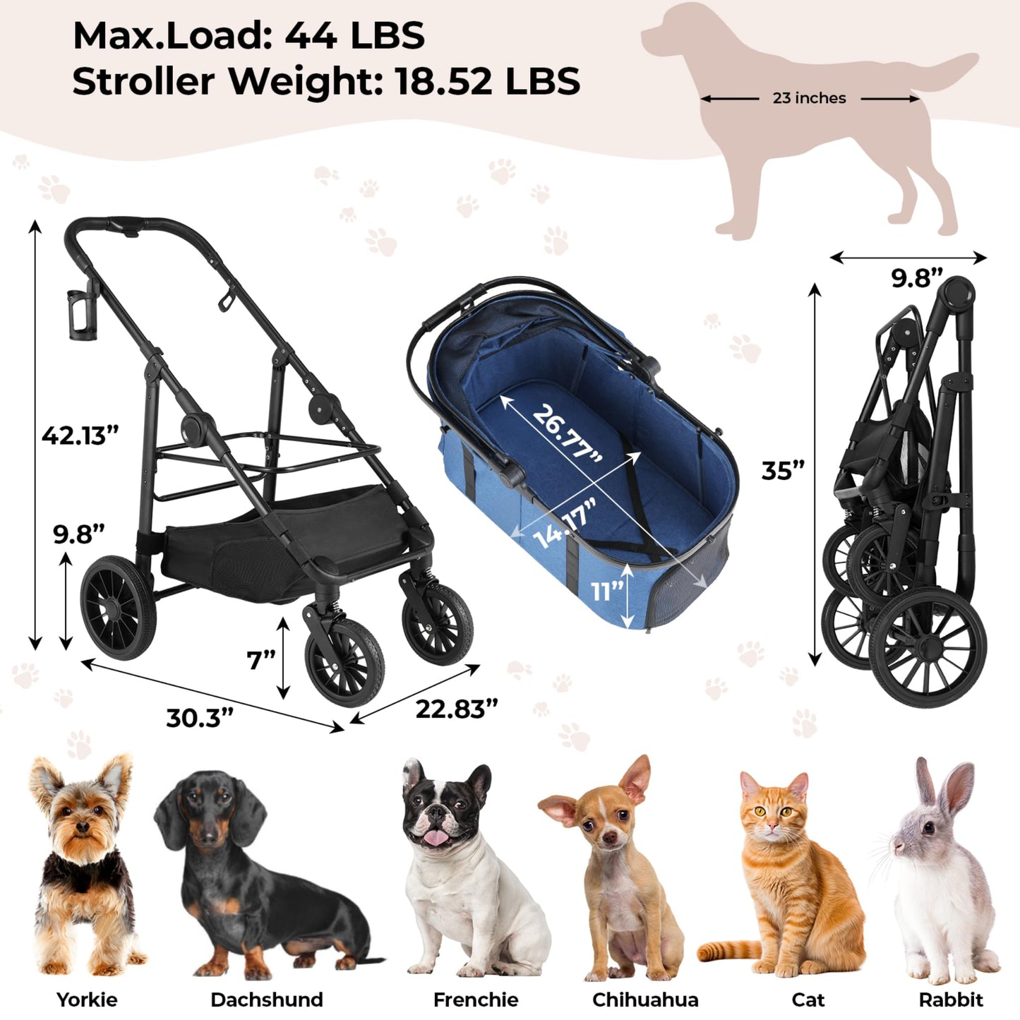 MAMIZO Pet Stroller for Medium Dogs Cats Up to 44 lbs, All-Terrain 3-in-1 Dog Stroller with Detachable Carrier, Rubber Wheels, One-Click Folding, Storage Basket & Cup Holder, for Senior Dogs & Cats