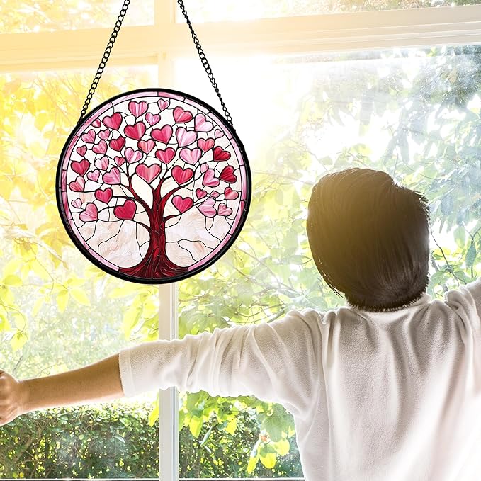 DASTOLL Stained Glass Window Hanging, Pink Love Heart Tree Suncatcher Hangings Beige Sun Catchers Decor for Birthday Holiday for Women, Men, Wife, Aunt, Mom 9.8IN