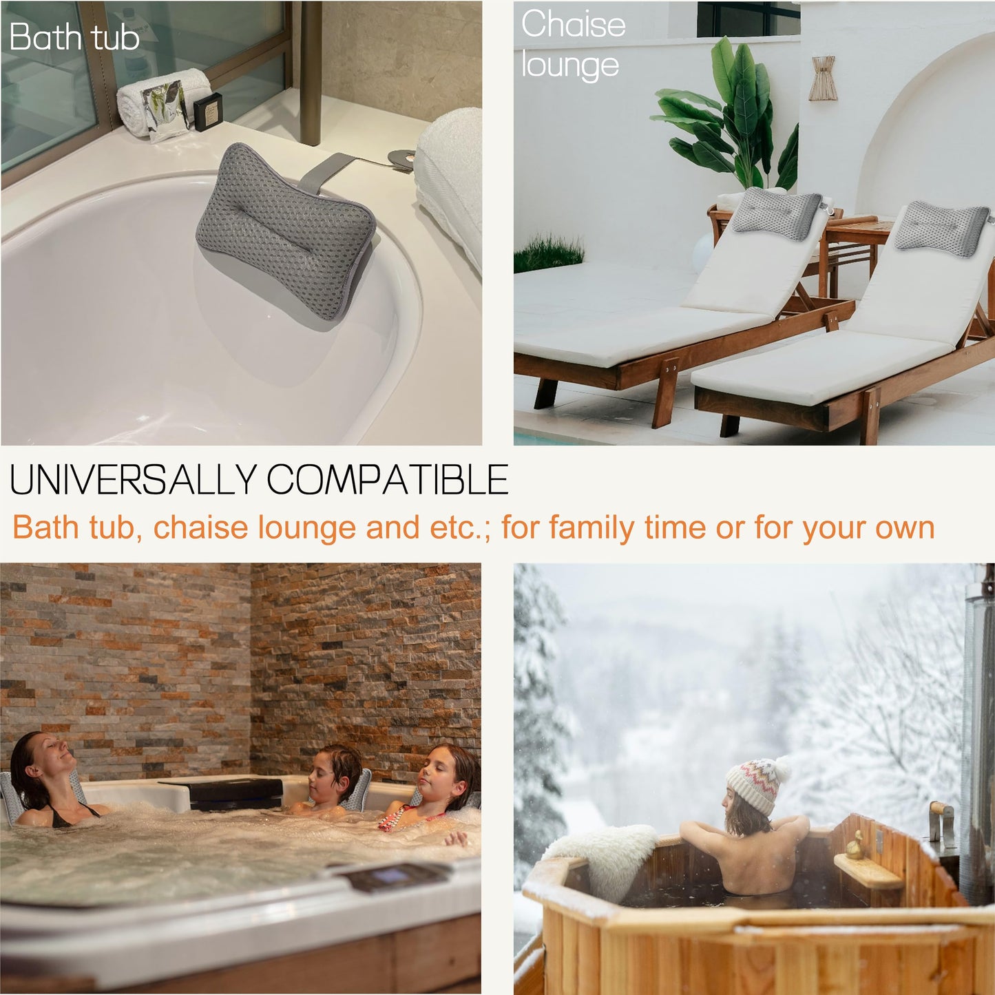 HUGABOW 2-Pack Large Pillow for Hot Tub (Grey), Spa, and Chaise Lounge - Universal Headrest & Neck Support Cushion, Adjustable Height with Long Strap, Easy Drying with Hook (2-Pack)