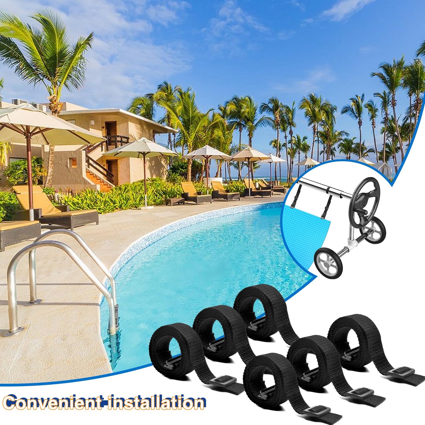 24 Pcs Pool Solar Cover Reel Attachment Kit, Solar Cover Reel Blanket Straps and Clips for Universal Inground Swimming Pool - Including 8 Adhesive Nylon Straps & Tabs, 8 Cord Plates, 8 Buckles