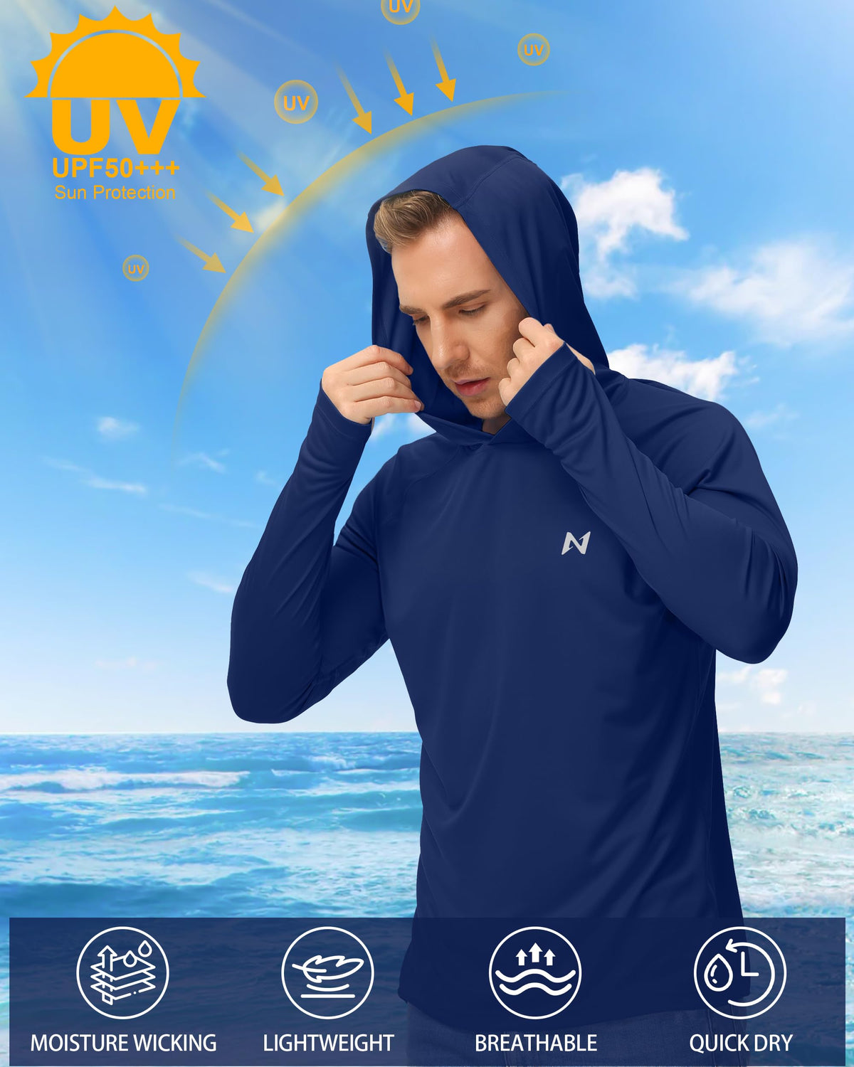 isnowood Sun Shirt UPF 50+ Men's Fishing Long Sleeve UV Protection Hoodie Hiking Rash Guard Swimming Running Blue Purple