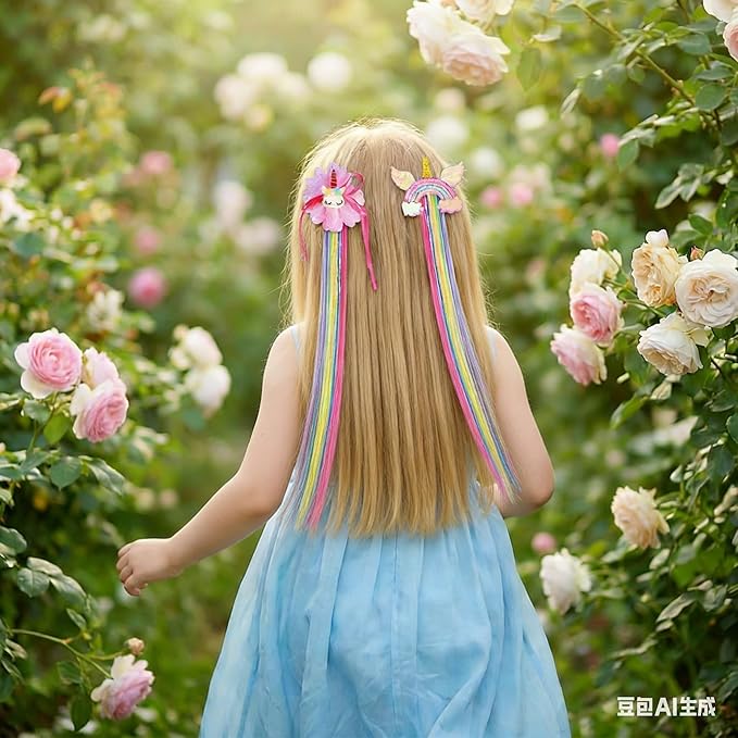 Little World Hair Clips for Girls, 6 Pcs Rainbow Hair Extensions, Unicorn Hair Clips for Girls Toddler Kids Ponytails, Hand-made Cute Glitter Hair Accessories