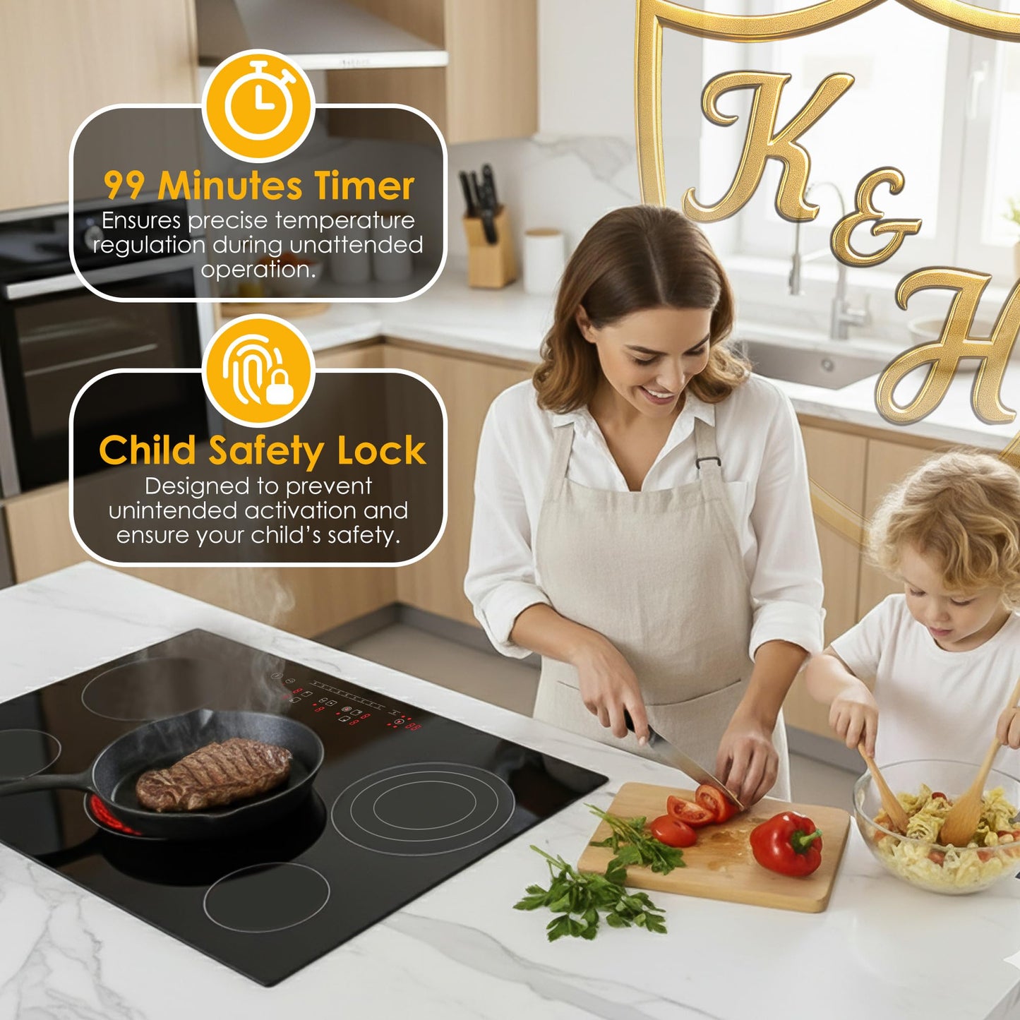 K&H 5 Burner Electric Cooktop - 30 Inch Built-In Radiant Ceramic Stove Top - 9 Power Levels & Touch Control, Compatible with All Cookware, 240V, 8600W High-Power Built-in Electric Stove, CE30-8608