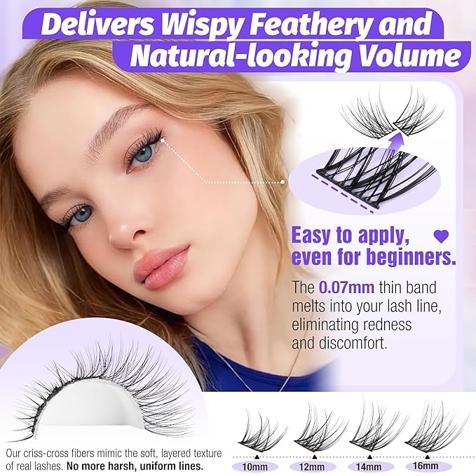 Natural Lash Clusters Kit Wispy Lash Extension Kit Waterproof Lash Clusters C Curved Cluster Eyelash Extensions Kit 144pcs Individual Lashes 10-16mm Eyelash Extension Kit by Lanflower