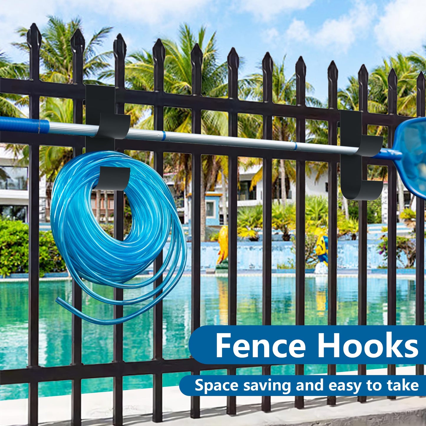 codree 4 Pcs Pool Fence Hooks for Pool Equipment, Black Heavy Duty Fence Hooks for Pool Poles, Slipe-on Fences Hanger for Pools Hose Pools Skimmer, Fit 3/4 Inch to 1-1/4 inch Railing