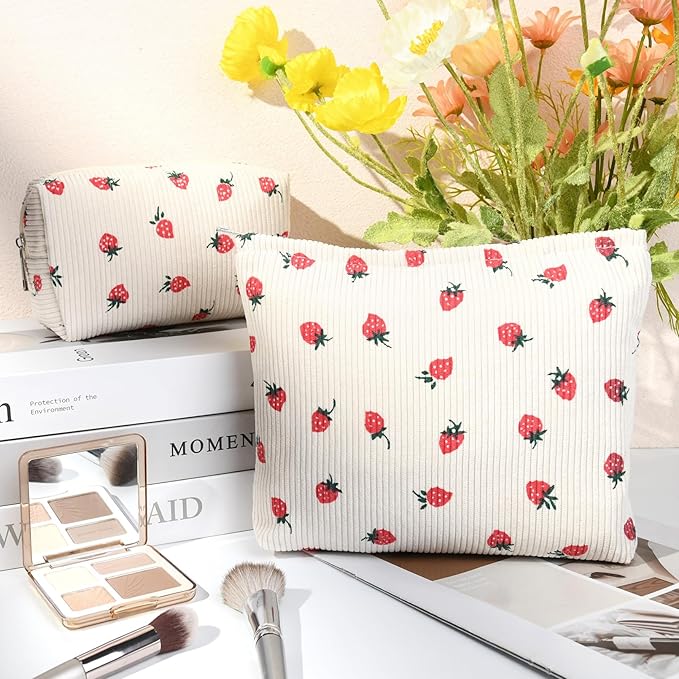 SOIDRAM 2 Pcs Cute Makeup Bag Large Cosmetic Bag Toiletry Bag Makeup Pouch Travel Bag Organizer Cute Makeup Brushes Aesthetic Accessories Storage Bag for Women Strawberry Beige