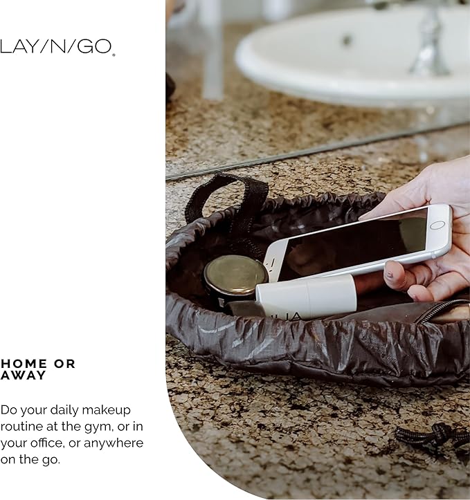 Lay-n-Go Cosmo Layflat Drawstring Cosmetic & Makeup Bag Organizer w/Zipper Pocket, Brush Loops & More, Cinch to Close, Lay Flat to Use, Durable, Machine Wash, Travel Toiletry Bag (16", Black)
