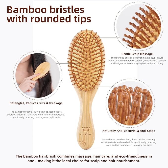 6-Pcs Bamboo Hair Brush Set-Detangling, Scalp Massage for Hair Growth, Wet/Dry Brush for Men, Women & Kids - for Thick, Curly, Thin, Long or Short - Paddle Wooden Hairbrush for Home, Travel Use