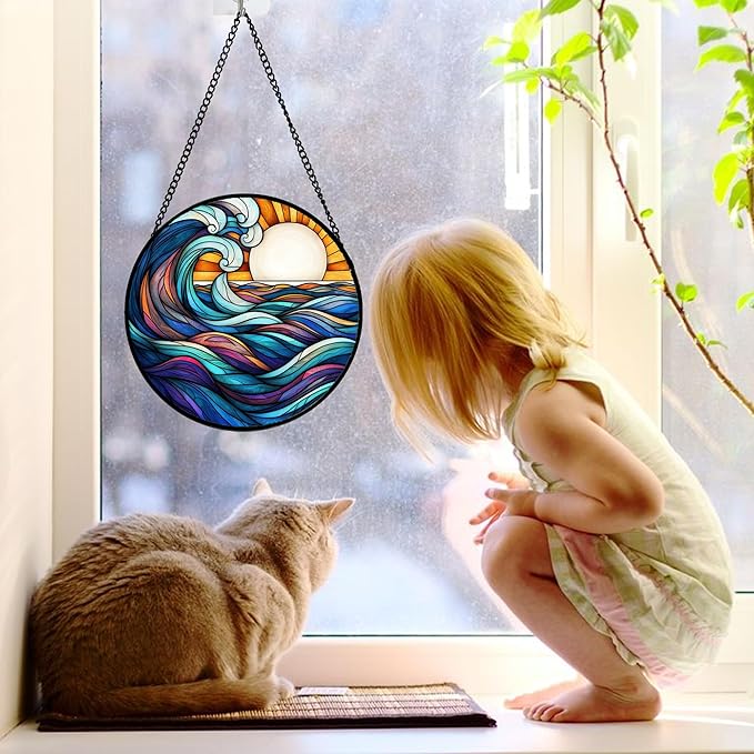 DASTOLL Stained Glass Window Hanging, Big Wave Sun Suncatcher Diamond Glass Panel Hangings Abstract Sun Catchers Decor for Birthday for Women, Men, Wife, Aunt, and Mom 7.8 in