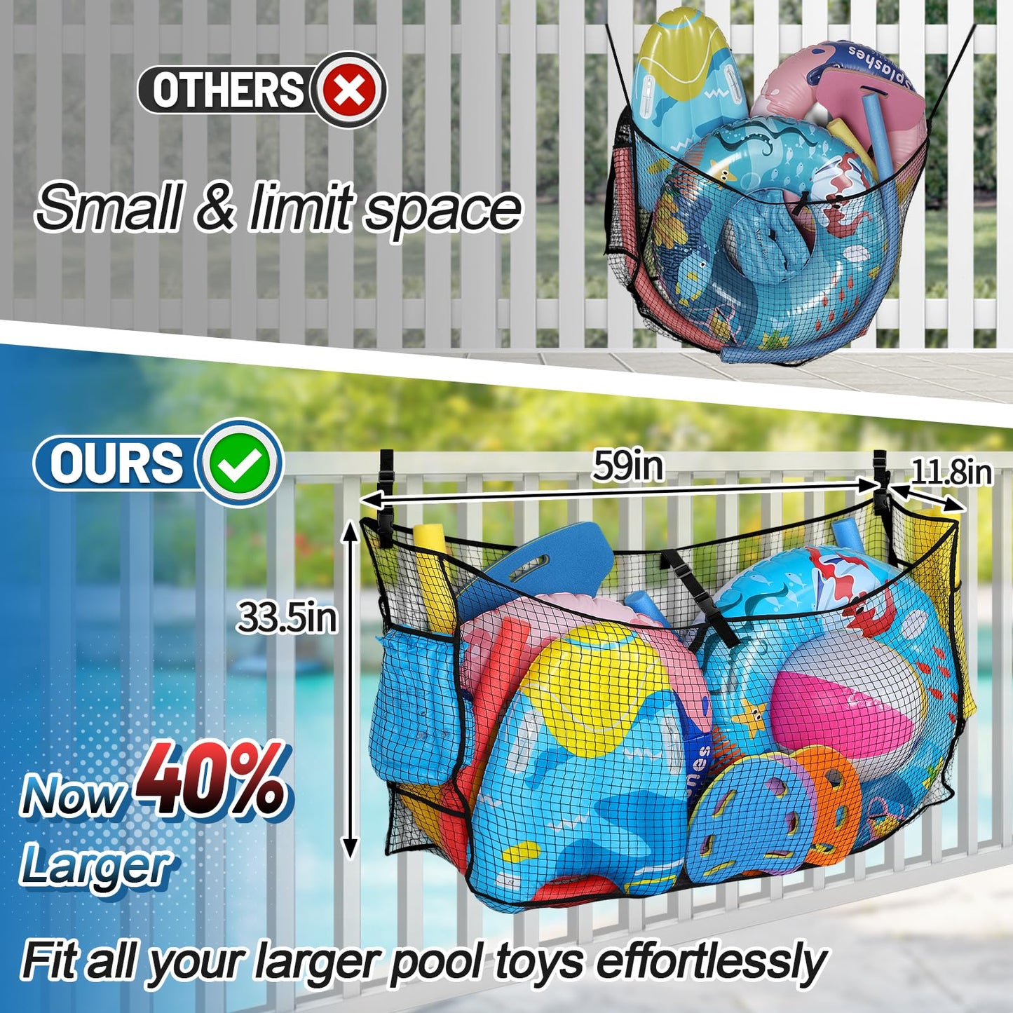 Large Pool Float Toy Storage Net - 59 x11.8x33.5in Durable Mesh Net Organizer for Fence with Straps, Poolside Fence Toys Holder for Inflatable Rafts Pool Noodles Balls Swimming Ring