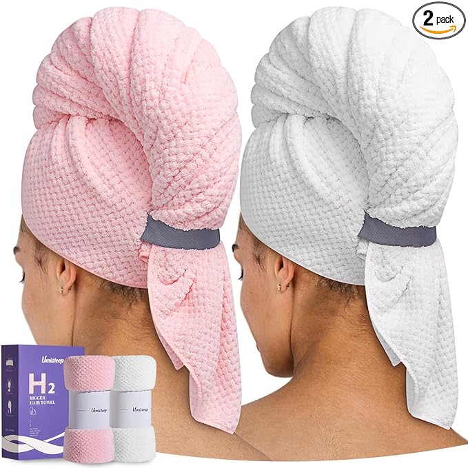 Umisleep Extra Large Microfiber Hair Towel for Women Curly, Long, Thick Hair, 2 Pack Ultra Absorbent Hair Drying Towel Wrap, Super Soft Anti Frizz Hair Turban with Elastic Loop (White, Pink)