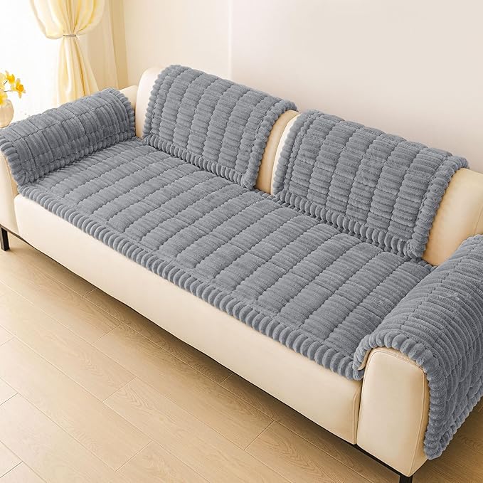 hyha Couch Covers for Dogs Washable, Non Slip Plush Dog Sofa Protectors, Fuzzy Pet Couch Covers for 3 Cushion Sofa Pet Friendly (Grey, 27.6" x 59")