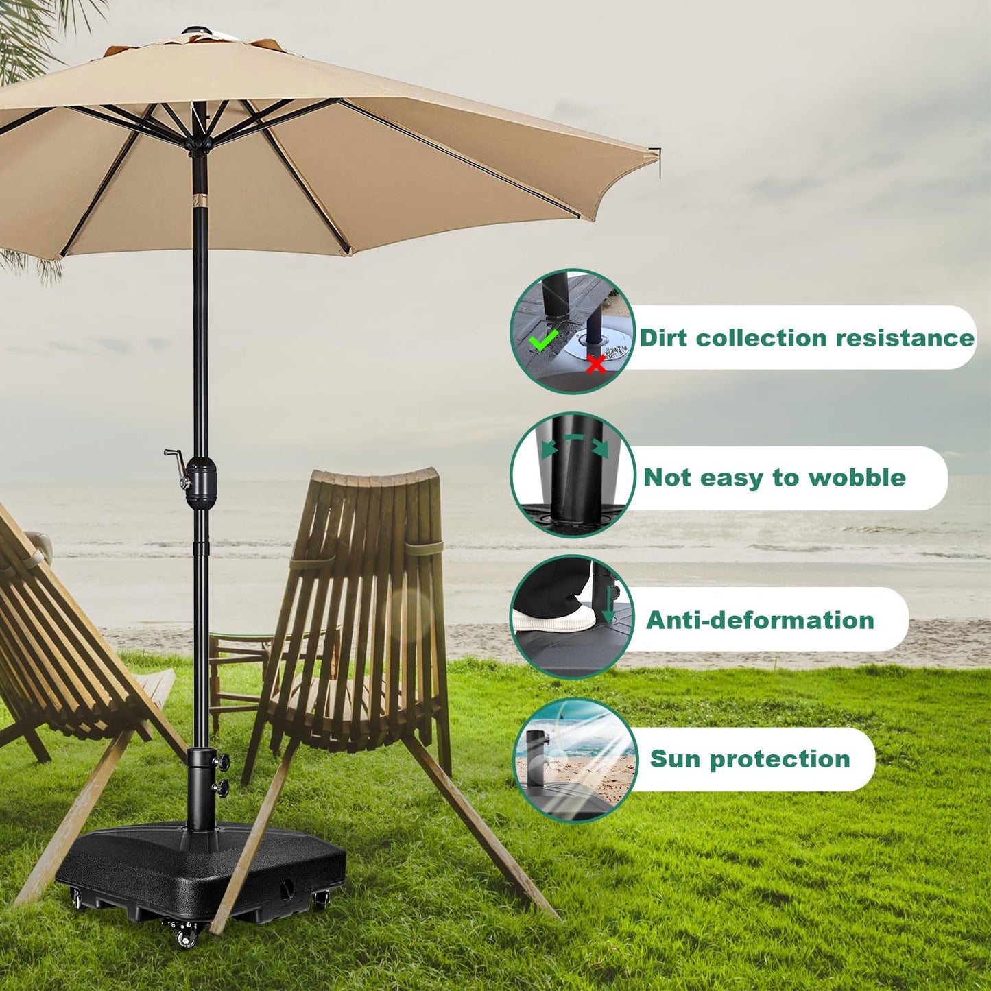 RAOKUKH Patio Umbrella Base Heavy Duty with Wheels Square Market Stand for Outdoor 4 Locks 2 Knobs 125lb Capacity, Black