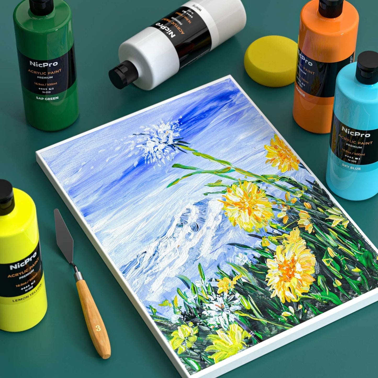 Nicpro 14 Colors Large Bulk Acrylic Paint Set (16.9 oz,500 ml) Rich Art Painting Supplies, Non Toxic for Multi Surface Rock Canvas Wood Ceramic Leather Fabric Craft, for Adult with Color Wheel