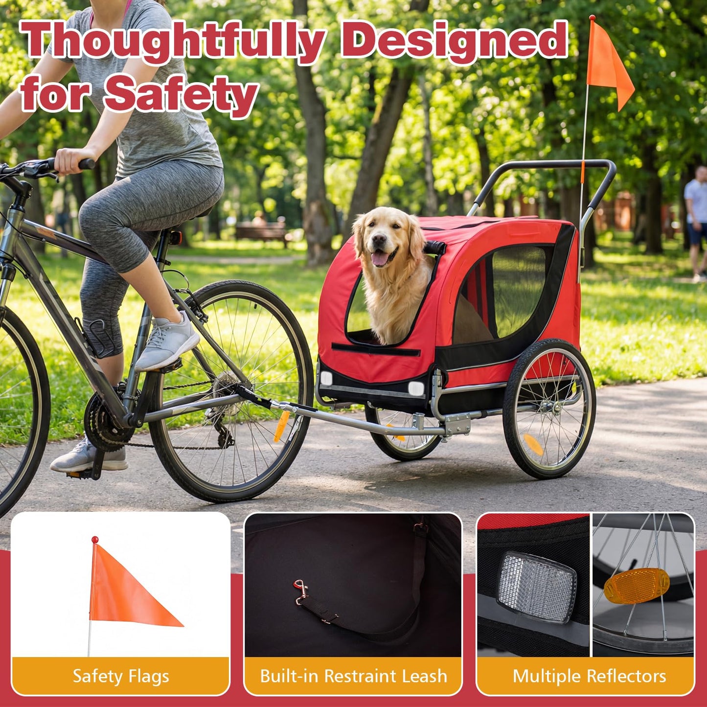 Giantex 2-in-1 Dog Bike Trailer & Pet Stroller for Large Dogs – Foldable Pet Carrier Cart with Front Caster & 2 Air-Filled Tires, Breathable Mesh, PVC Rain Cover, 176 lbs Capacity (Red)