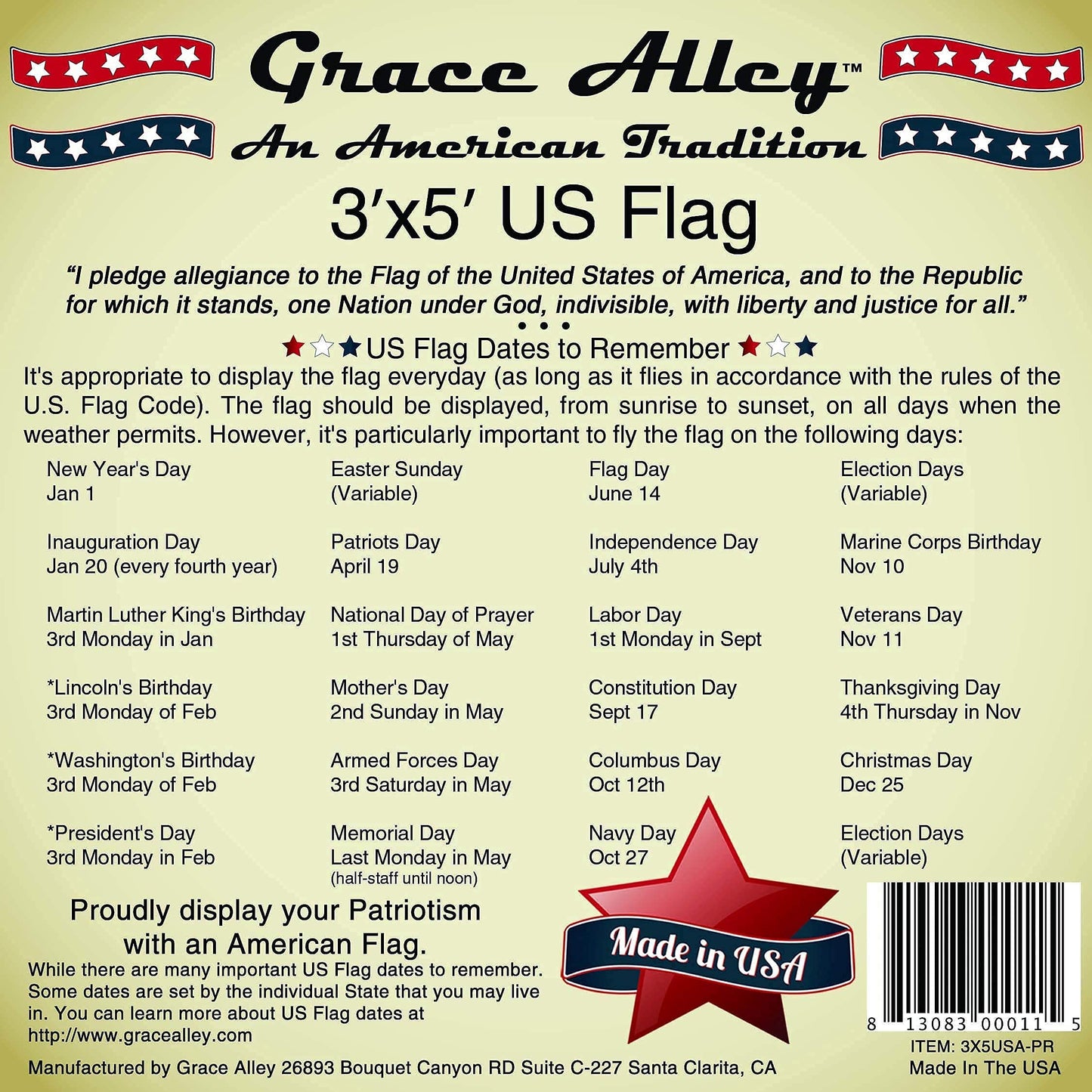 Grace Alley American Flag: 3x5 FT US Flag - 100% Made in USA. Embroidered Stars, Sewn Stripes and Brass Grommets. Fade Resistant, Heavy Duty, Long Lasting Nylon for Outdoor Durability.
