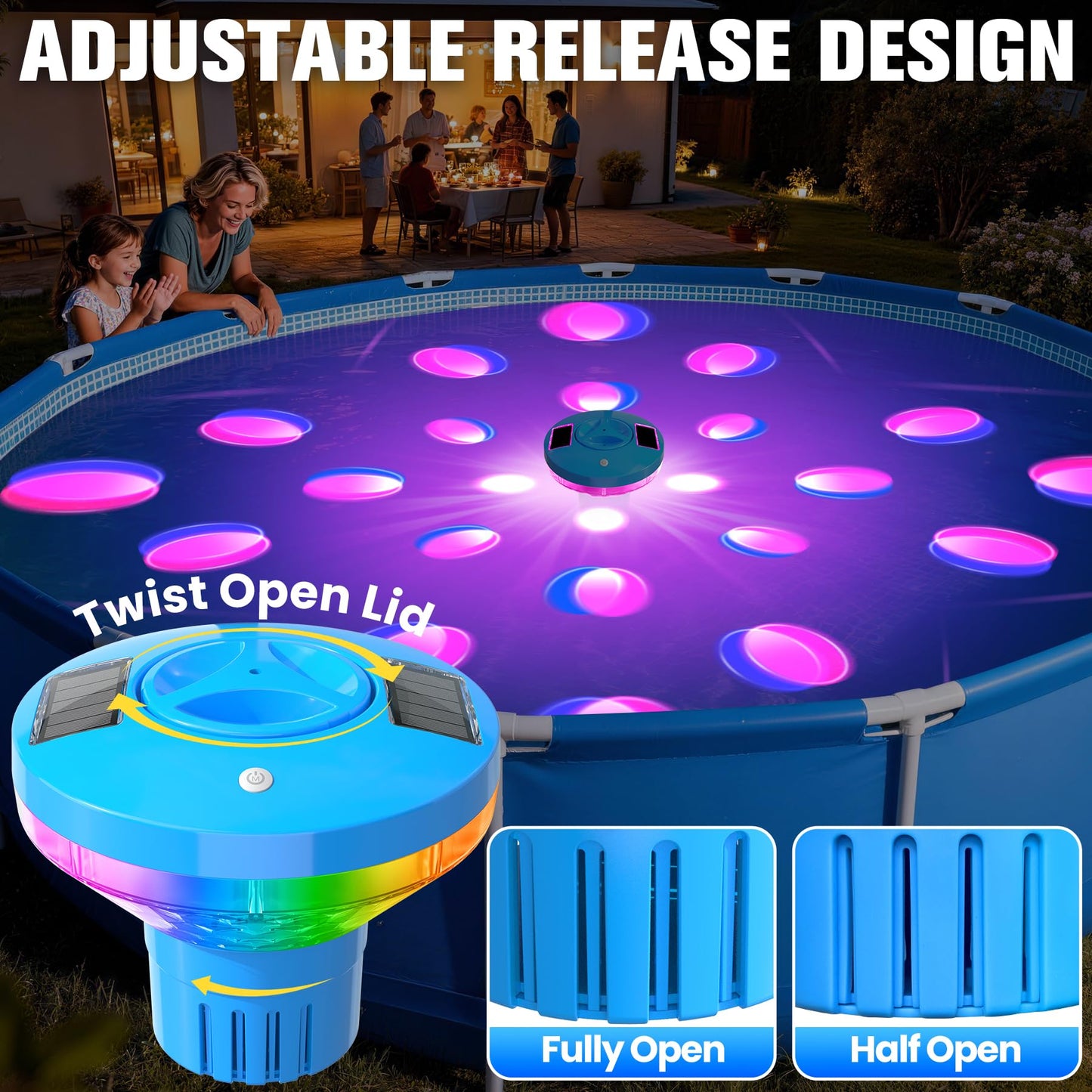 RovPool Chlorine Floater, Large Capacity Pool Chlorine Floaters for 5 * 3'' Chlorine Tabs, Solar Chlorine Floater with Lights, Adjustable Flow Floating Chlorine Dispenser for Pool, Hot Tub, Blue